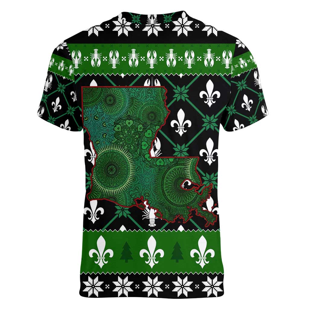 Louisiana USA Symbols Pattern Christmas Women V-Neck T-Shirt Xmas Holiday Patterns - Wonder Print Shop