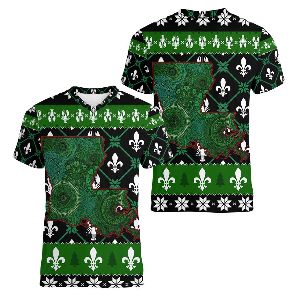 Louisiana USA Symbols Pattern Christmas Women V-Neck T-Shirt Xmas Holiday Patterns - Wonder Print Shop