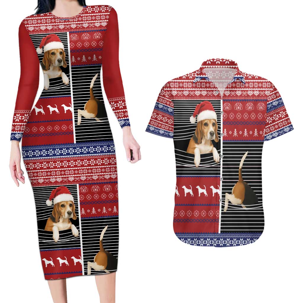 Lovely Beagle Christmas Couples Matching Long Sleeve Bodycon Dress and Hawaiian Shirt Xmas Holiday Patterns - Wonder Print Shop