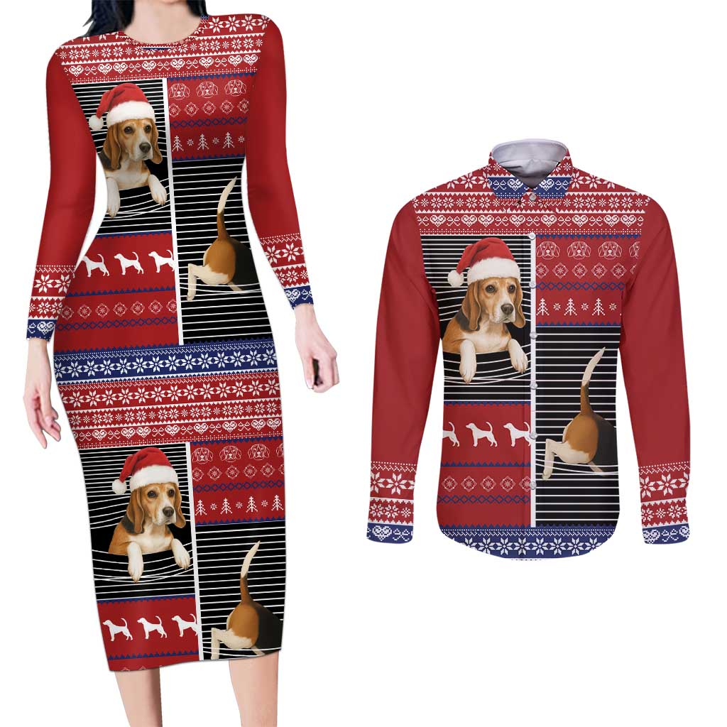 Lovely Beagle Christmas Couples Matching Long Sleeve Bodycon Dress and Long Sleeve Button Shirt Xmas Holiday Patterns - Wonder Print Shop