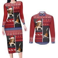 Lovely Beagle Christmas Couples Matching Long Sleeve Bodycon Dress and Long Sleeve Button Shirt Xmas Holiday Patterns - Wonder Print Shop