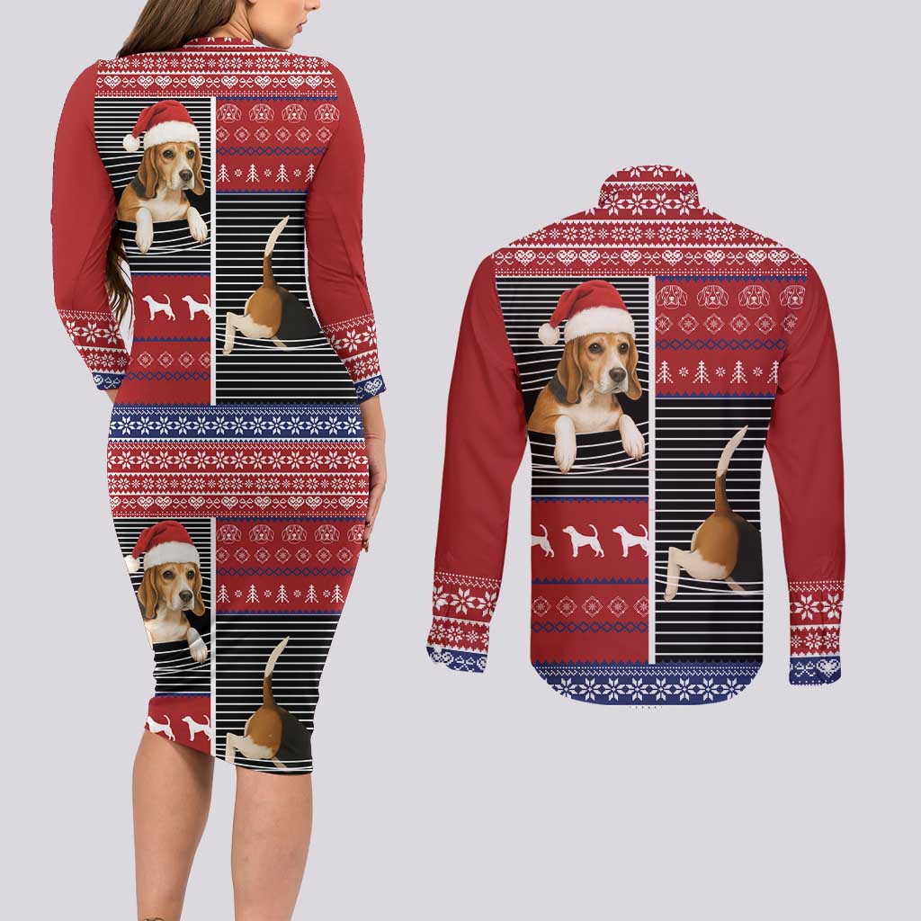 Lovely Beagle Christmas Couples Matching Long Sleeve Bodycon Dress and Long Sleeve Button Shirt Xmas Holiday Patterns - Wonder Print Shop