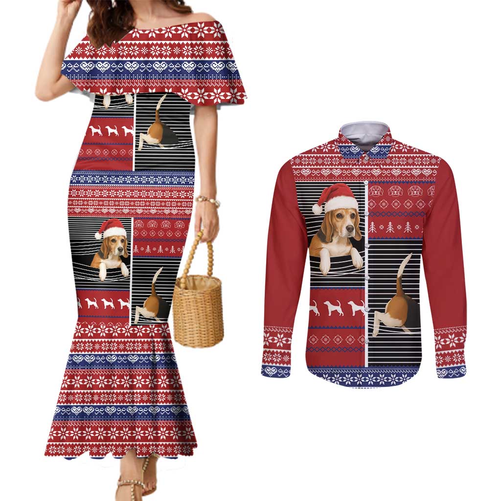 Lovely Beagle Christmas Couples Matching Mermaid Dress and Long Sleeve Button Shirt Xmas Holiday Patterns - Wonder Print Shop