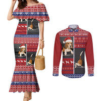 Lovely Beagle Christmas Couples Matching Mermaid Dress and Long Sleeve Button Shirt Xmas Holiday Patterns - Wonder Print Shop
