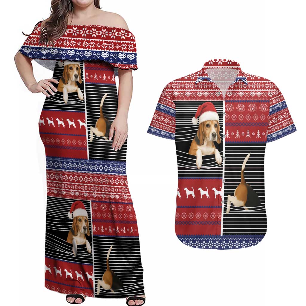 Lovely Beagle Christmas Couples Matching Off Shoulder Maxi Dress and Hawaiian Shirt Xmas Holiday Patterns - Wonder Print Shop