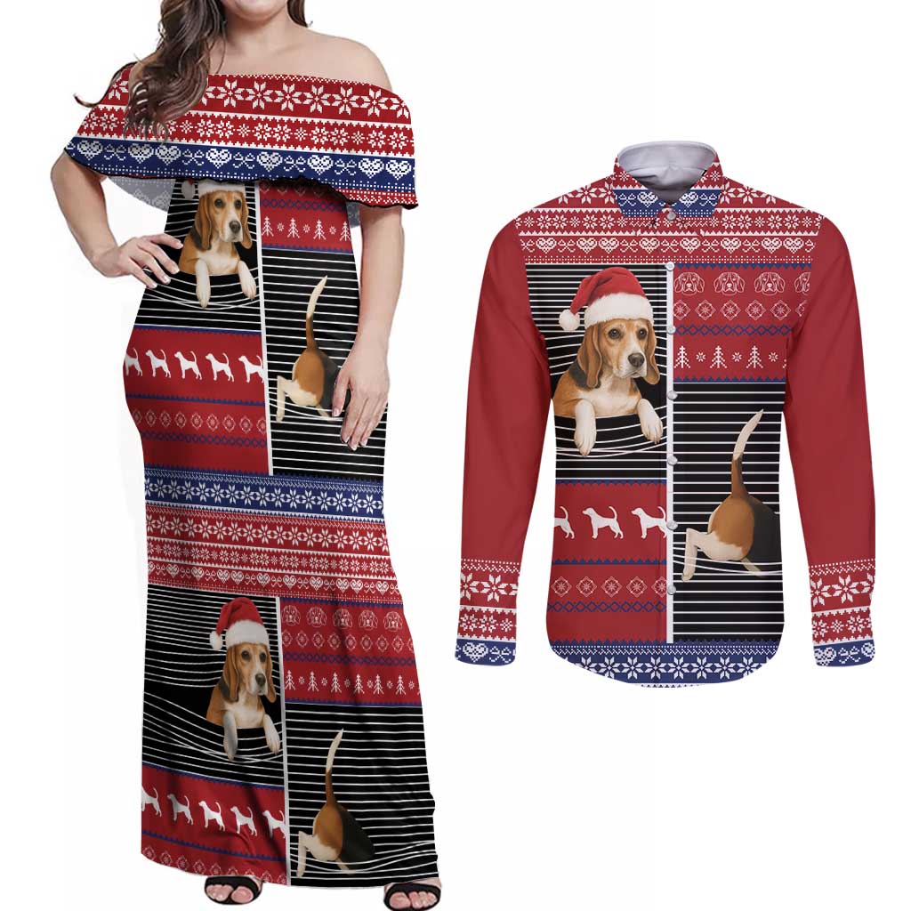 Lovely Beagle Christmas Couples Matching Off Shoulder Maxi Dress and Long Sleeve Button Shirt Xmas Holiday Patterns - Wonder Print Shop