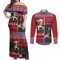 Lovely Beagle Christmas Couples Matching Off Shoulder Maxi Dress and Long Sleeve Button Shirt Xmas Holiday Patterns - Wonder Print Shop