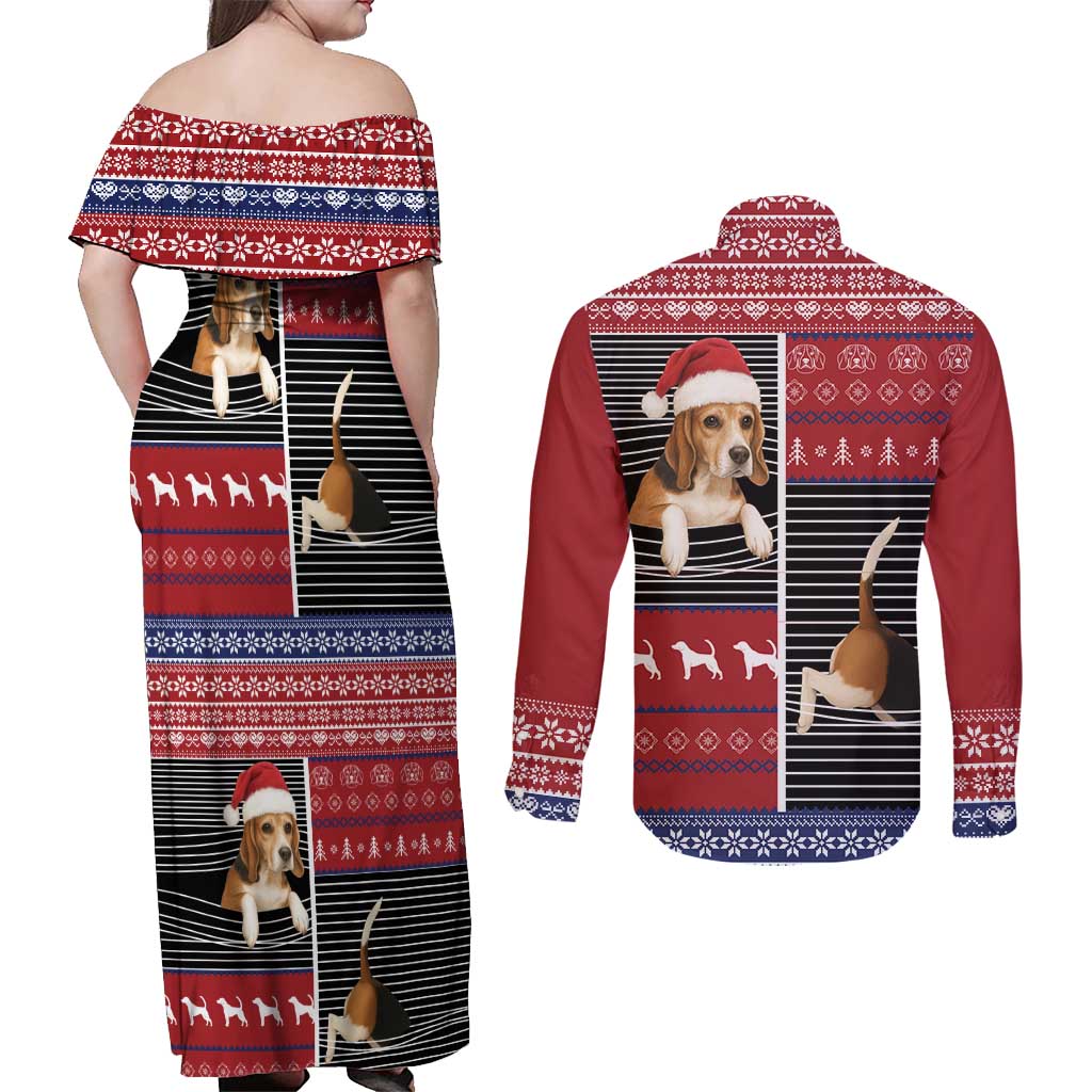 Lovely Beagle Christmas Couples Matching Off Shoulder Maxi Dress and Long Sleeve Button Shirt Xmas Holiday Patterns - Wonder Print Shop