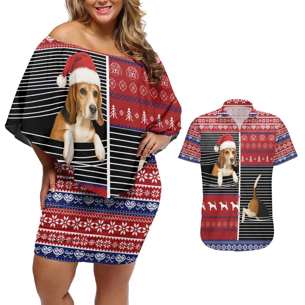 Lovely Beagle Christmas Couples Matching Off Shoulder Short Dress and Hawaiian Shirt Xmas Holiday Patterns - Wonder Print Shop