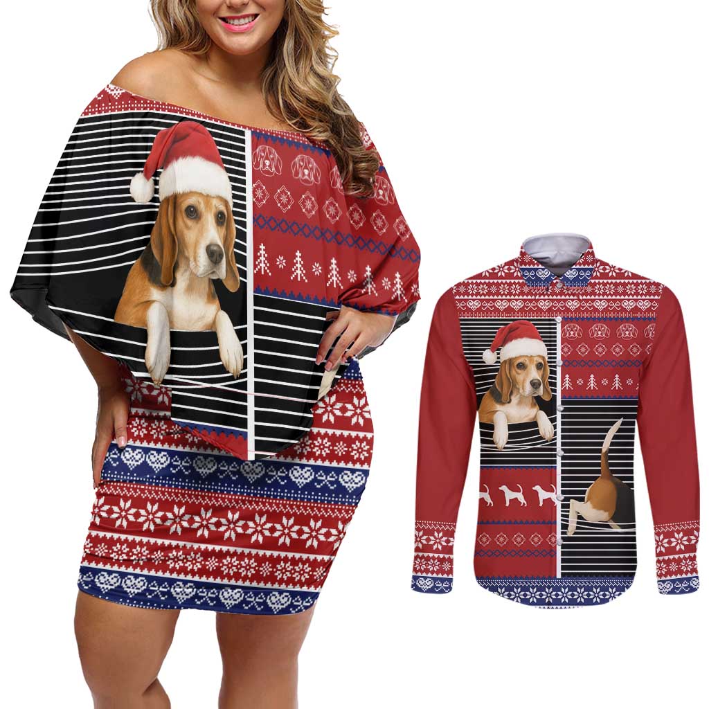 Lovely Beagle Christmas Couples Matching Off Shoulder Short Dress and Long Sleeve Button Shirt Xmas Holiday Patterns - Wonder Print Shop