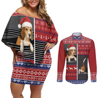 Lovely Beagle Christmas Couples Matching Off Shoulder Short Dress and Long Sleeve Button Shirt Xmas Holiday Patterns - Wonder Print Shop