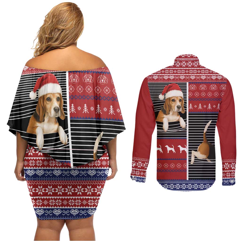 Lovely Beagle Christmas Couples Matching Off Shoulder Short Dress and Long Sleeve Button Shirt Xmas Holiday Patterns - Wonder Print Shop