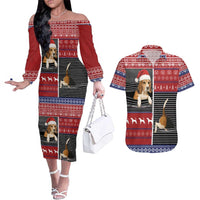 Lovely Beagle Christmas Couples Matching Off The Shoulder Long Sleeve Dress and Hawaiian Shirt Xmas Holiday Patterns - Wonder Print Shop