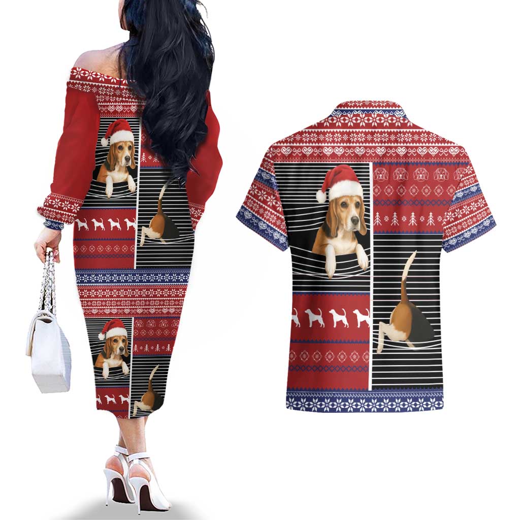 Lovely Beagle Christmas Couples Matching Off The Shoulder Long Sleeve Dress and Hawaiian Shirt Xmas Holiday Patterns - Wonder Print Shop