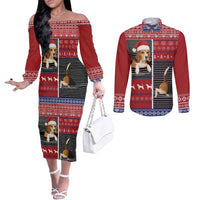 Lovely Beagle Christmas Couples Matching Off The Shoulder Long Sleeve Dress and Long Sleeve Button Shirt Xmas Holiday Patterns - Wonder Print Shop