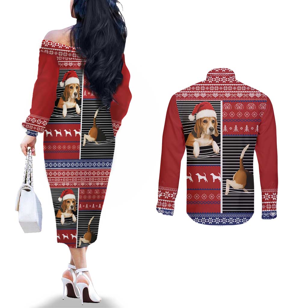 Lovely Beagle Christmas Couples Matching Off The Shoulder Long Sleeve Dress and Long Sleeve Button Shirt Xmas Holiday Patterns - Wonder Print Shop