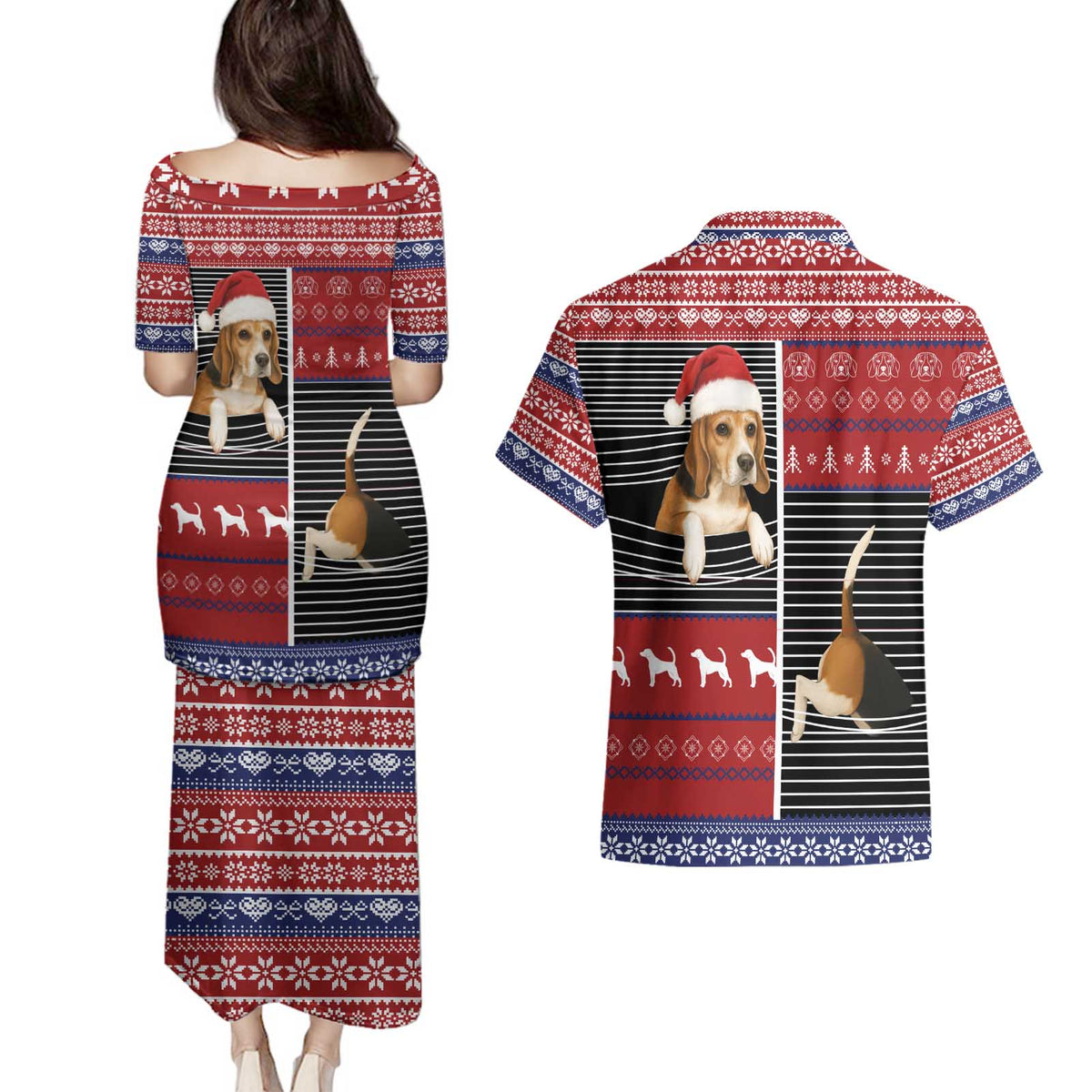 Lovely Beagle Christmas Couples Matching Puletasi and Hawaiian Shirt Xmas Holiday Patterns - Wonder Print Shop