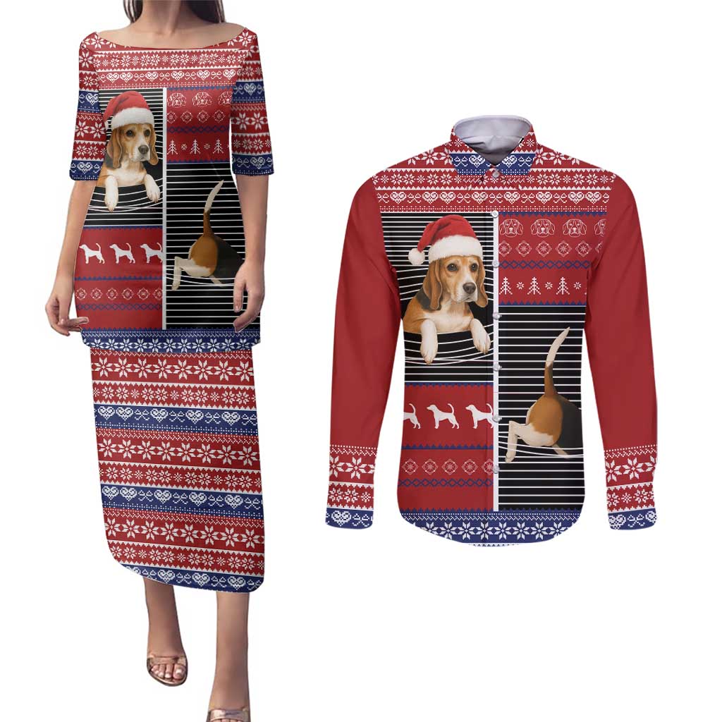 Lovely Beagle Christmas Couples Matching Puletasi and Long Sleeve Button Shirt Xmas Holiday Patterns - Wonder Print Shop