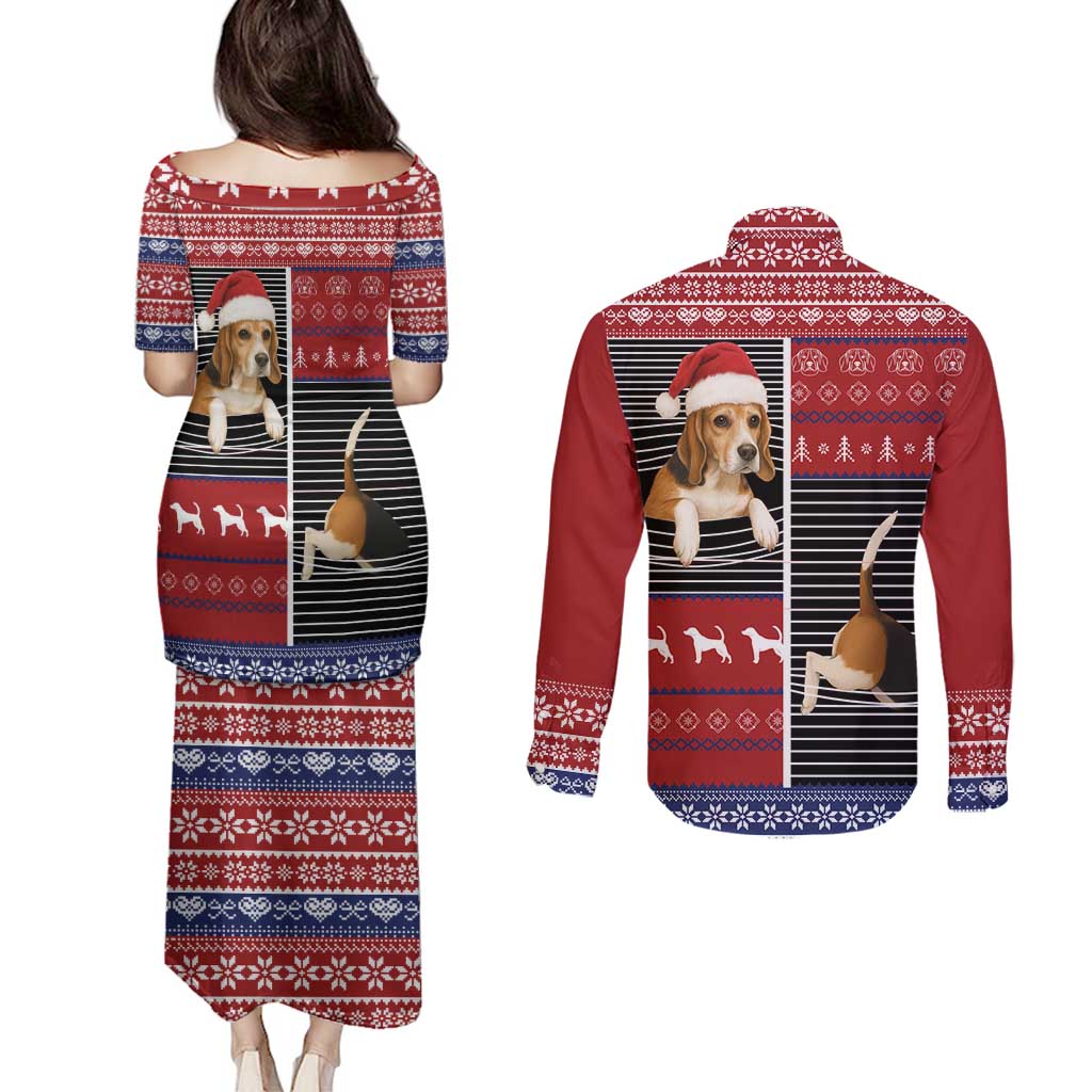 Lovely Beagle Christmas Couples Matching Puletasi and Long Sleeve Button Shirt Xmas Holiday Patterns - Wonder Print Shop