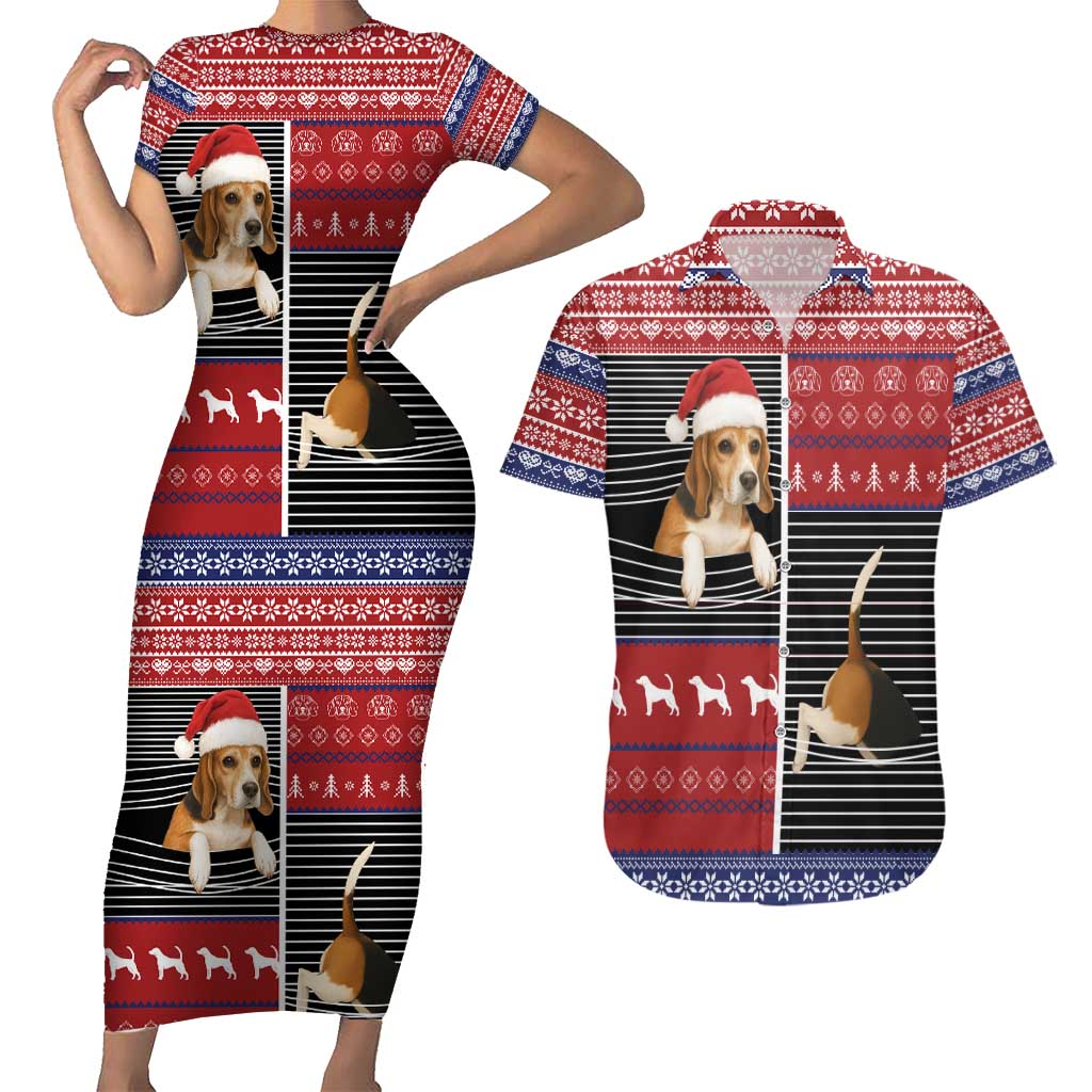 Lovely Beagle Christmas Couples Matching Short Sleeve Bodycon Dress and Hawaiian Shirt Xmas Holiday Patterns - Wonder Print Shop