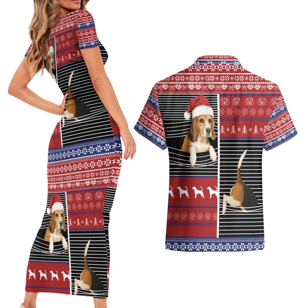 Lovely Beagle Christmas Couples Matching Short Sleeve Bodycon Dress and Hawaiian Shirt Xmas Holiday Patterns - Wonder Print Shop