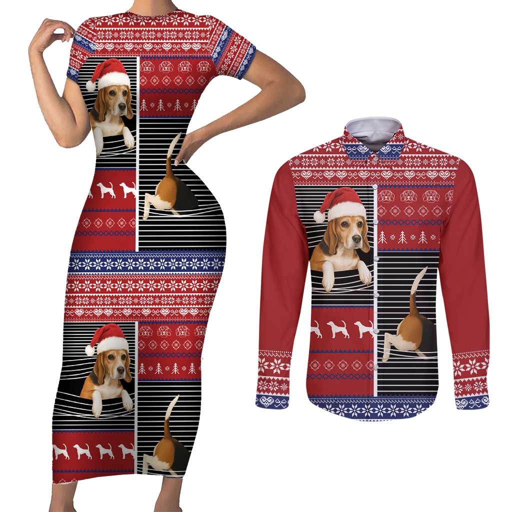 Lovely Beagle Christmas Couples Matching Short Sleeve Bodycon Dress and Long Sleeve Button Shirt Xmas Holiday Patterns - Wonder Print Shop
