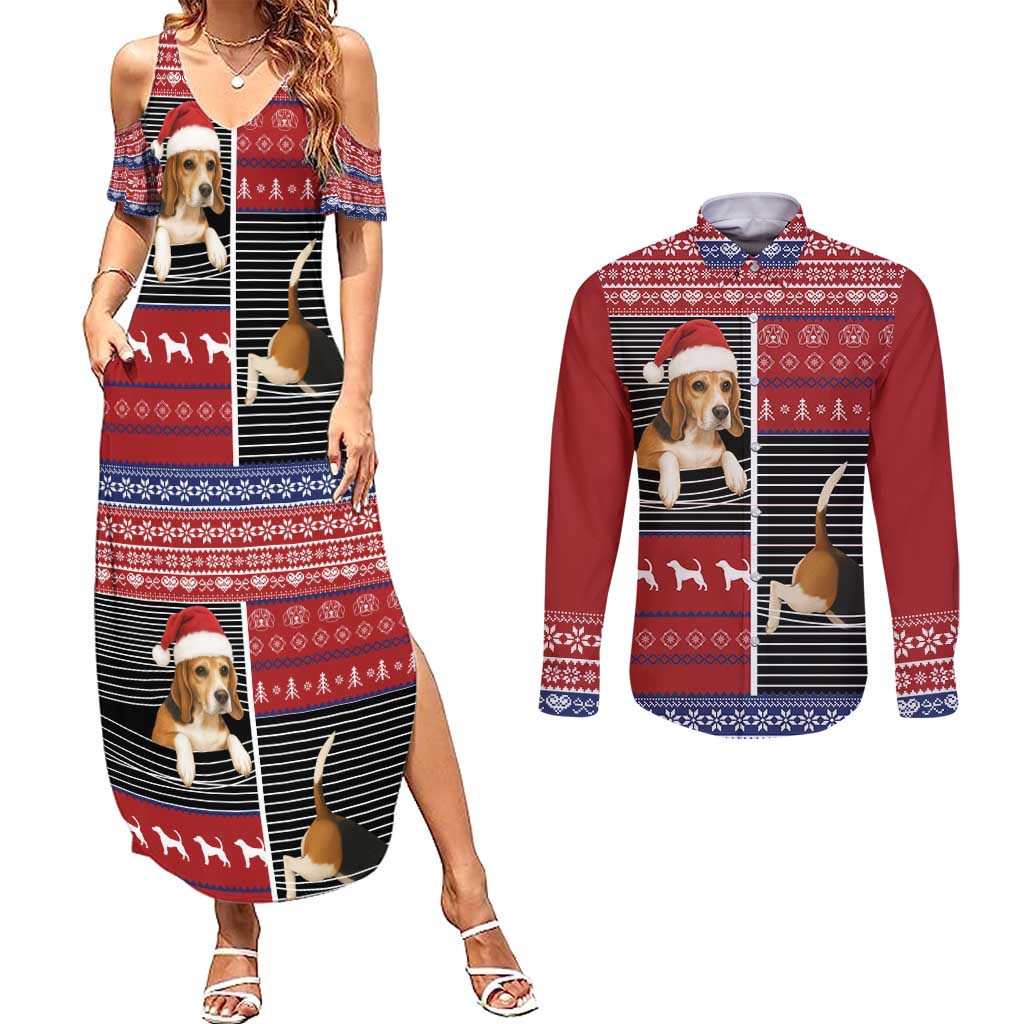 Lovely Beagle Christmas Couples Matching Summer Maxi Dress and Long Sleeve Button Shirt Xmas Holiday Patterns - Wonder Print Shop