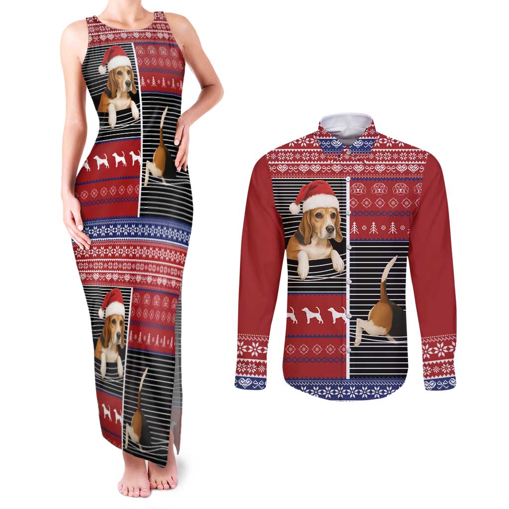 Lovely Beagle Christmas Couples Matching Tank Maxi Dress and Long Sleeve Button Shirt Xmas Holiday Patterns - Wonder Print Shop