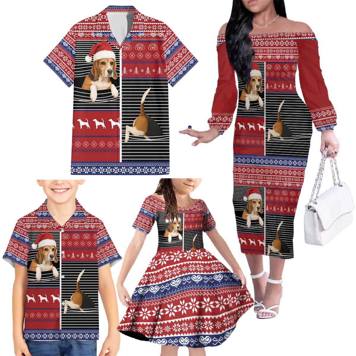 Lovely Beagle Christmas Family Matching Off The Shoulder Long Sleeve Dress and Hawaiian Shirt Xmas Holiday Patterns - Wonder Print Shop