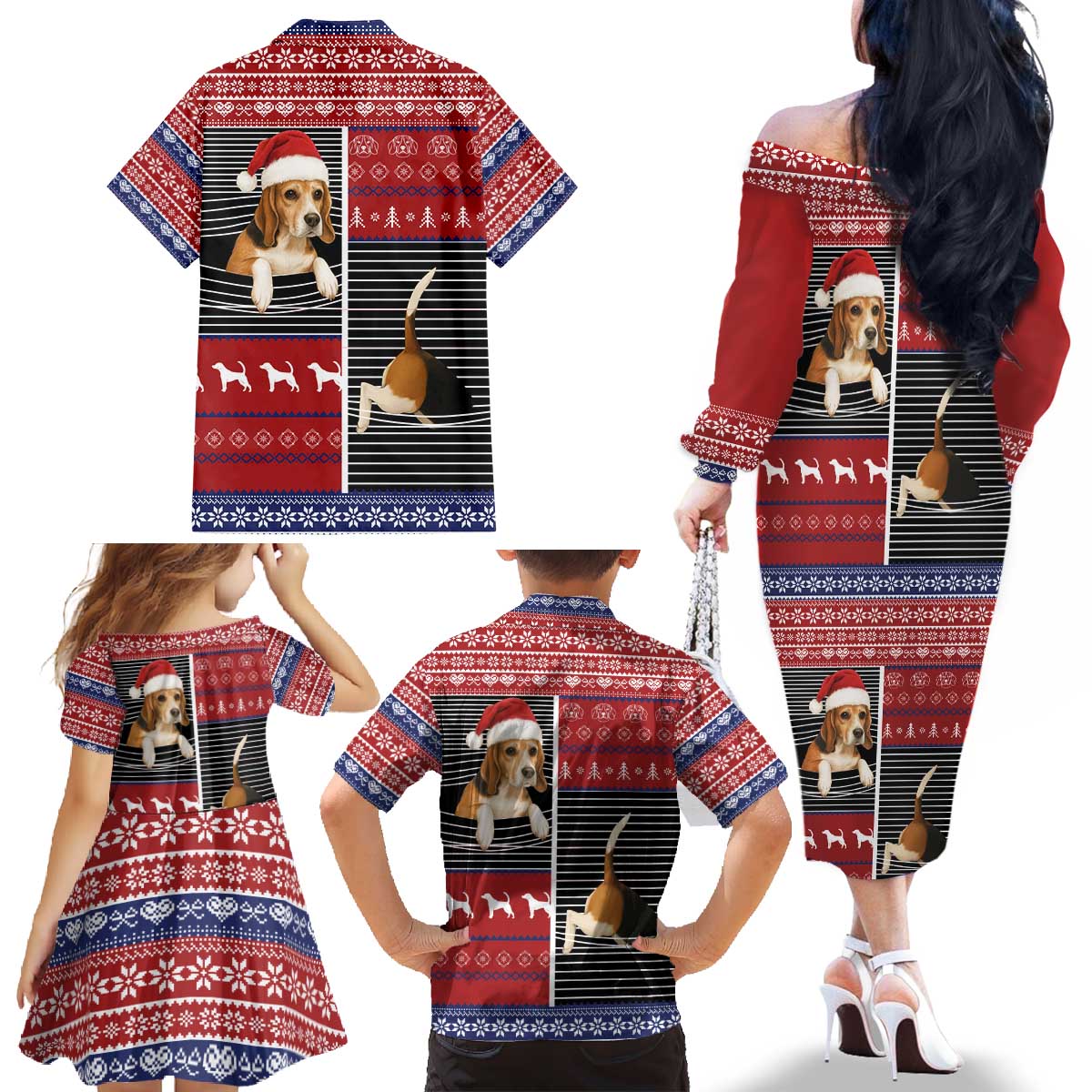 Lovely Beagle Christmas Family Matching Off The Shoulder Long Sleeve Dress and Hawaiian Shirt Xmas Holiday Patterns - Wonder Print Shop
