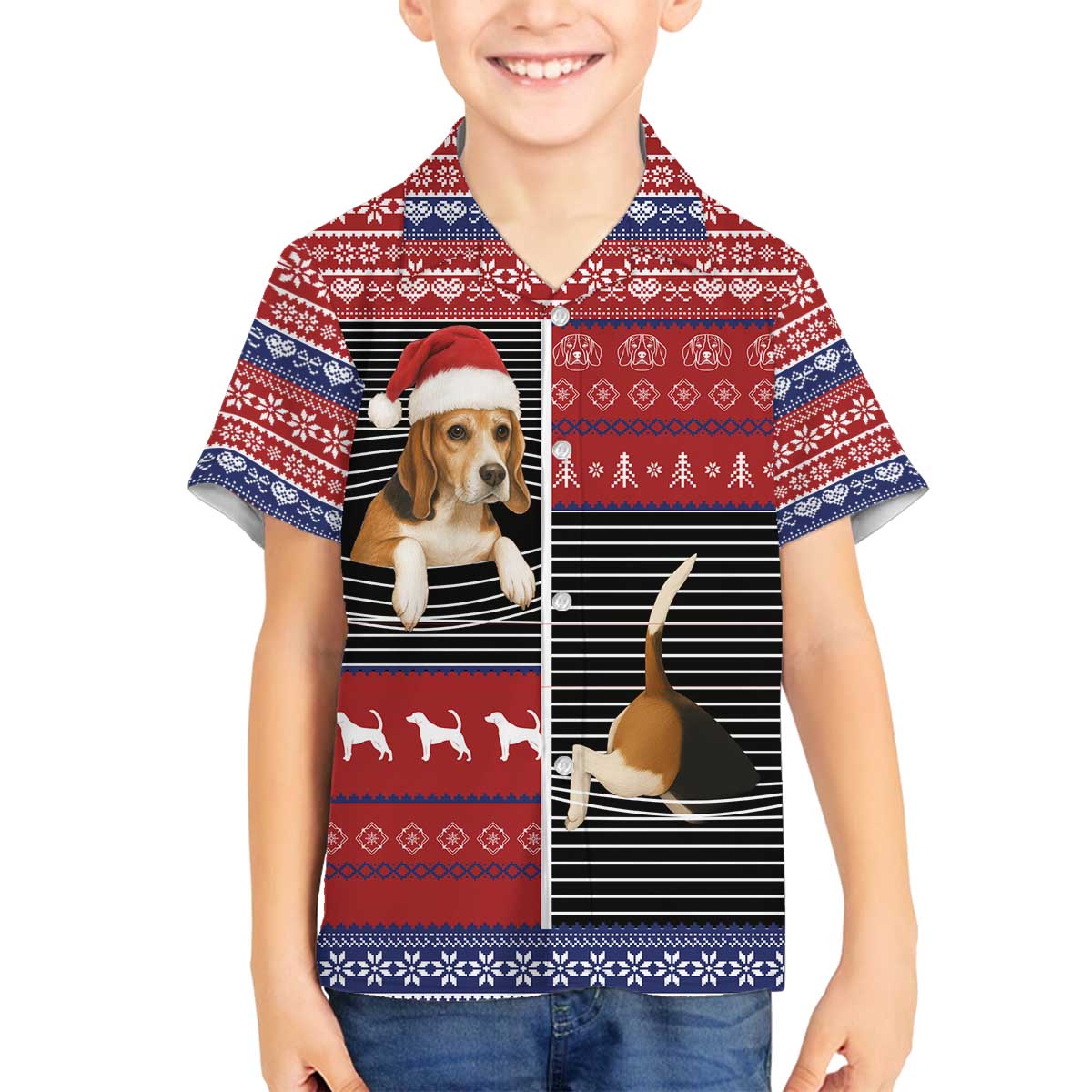 Lovely Beagle Christmas Family Matching Off The Shoulder Long Sleeve Dress and Hawaiian Shirt Xmas Holiday Patterns - Wonder Print Shop