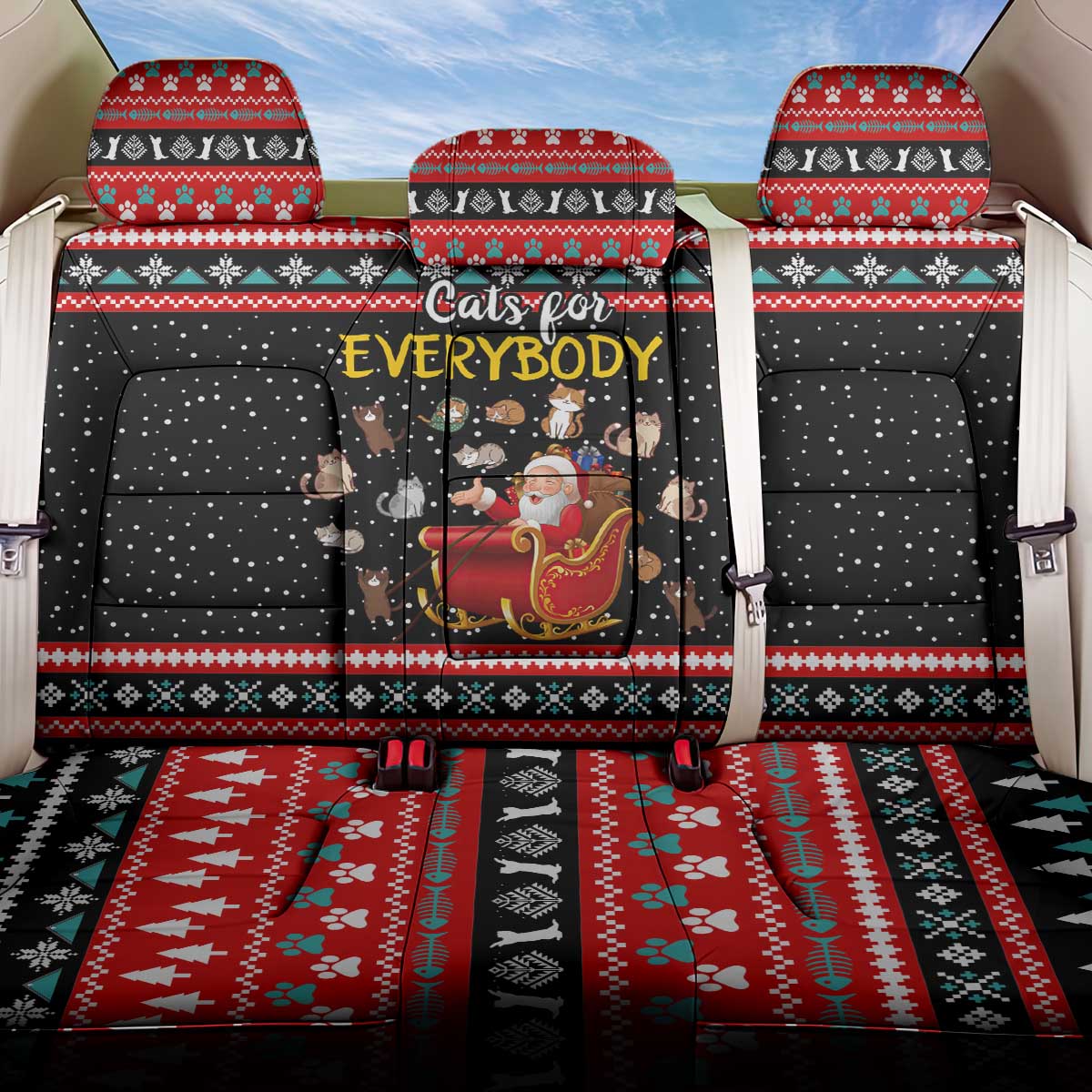 Funny Santa Back Car Seat Cover with Cats for Everybody Quote and Red Christmas Pattern - Wonder Print Shop