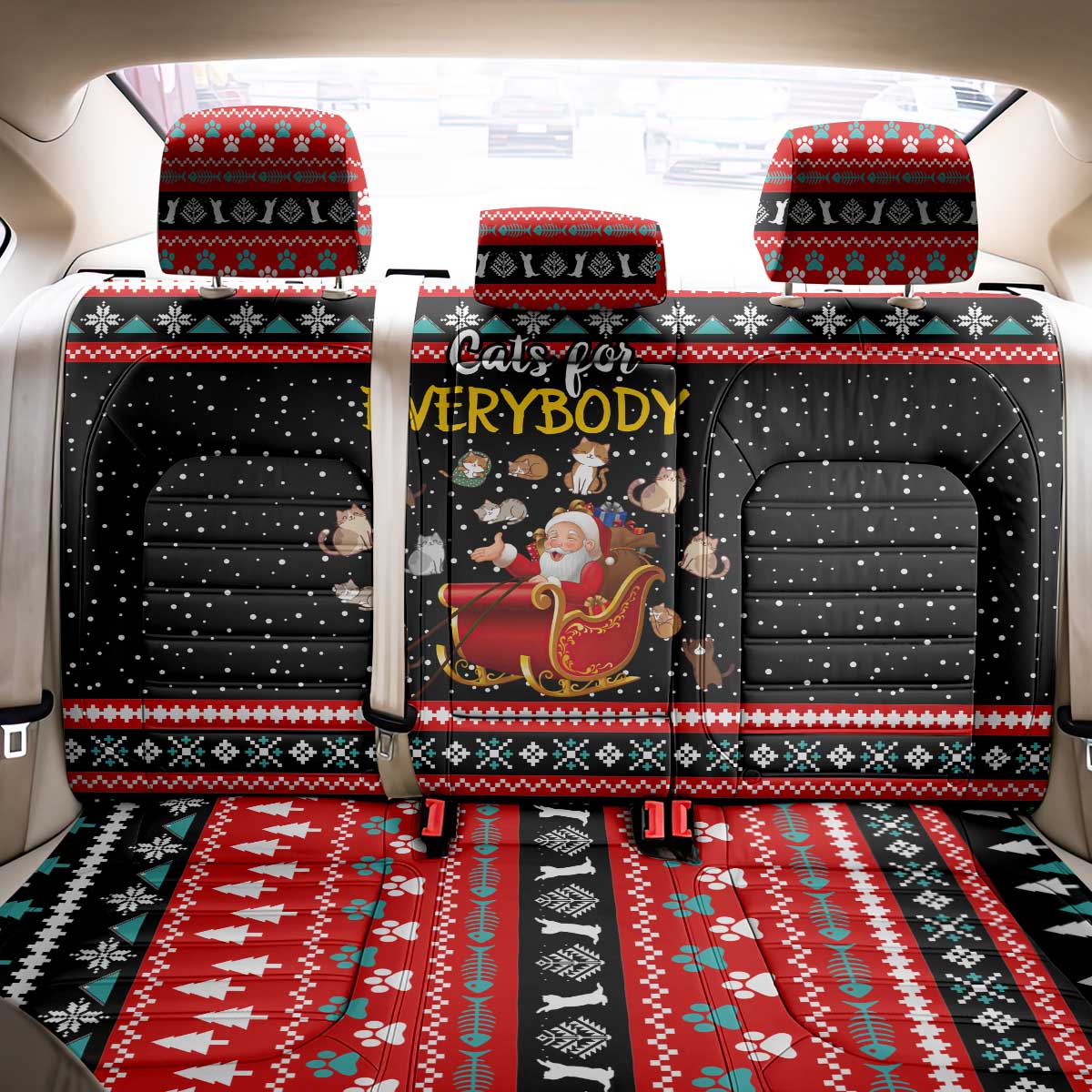Funny Santa Back Car Seat Cover with Cats for Everybody Quote and Red Christmas Pattern - Wonder Print Shop