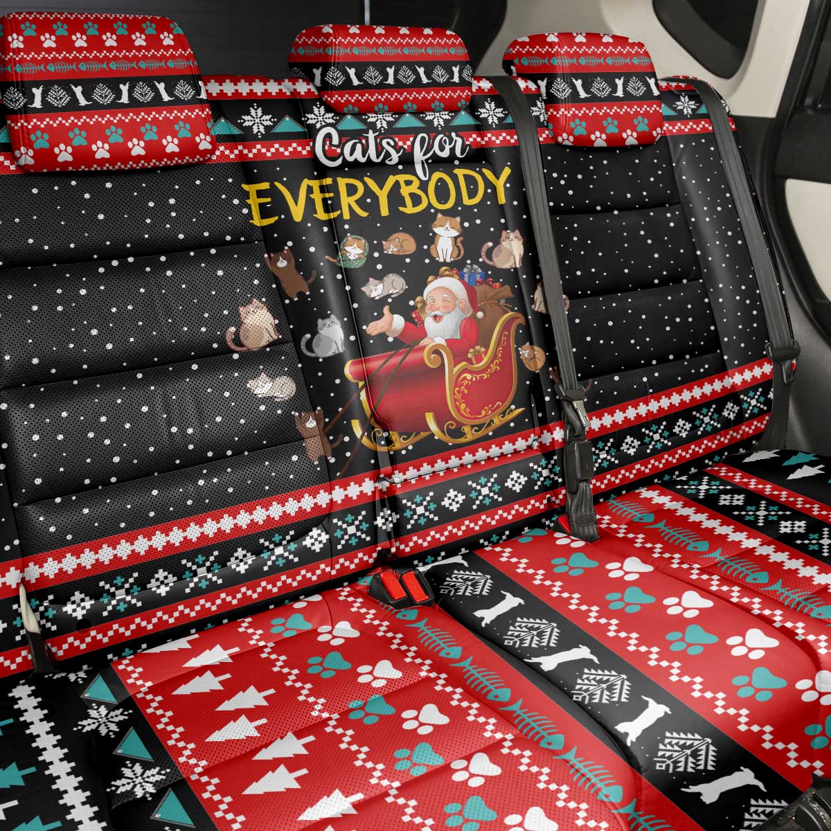Funny Santa Back Car Seat Cover with Cats for Everybody Quote and Red Christmas Pattern - Wonder Print Shop