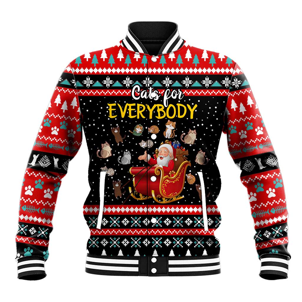 Funny Santa Baseball Jacket with Cats for Everybody Quote and Red Christmas Pattern - Wonder Print Shop