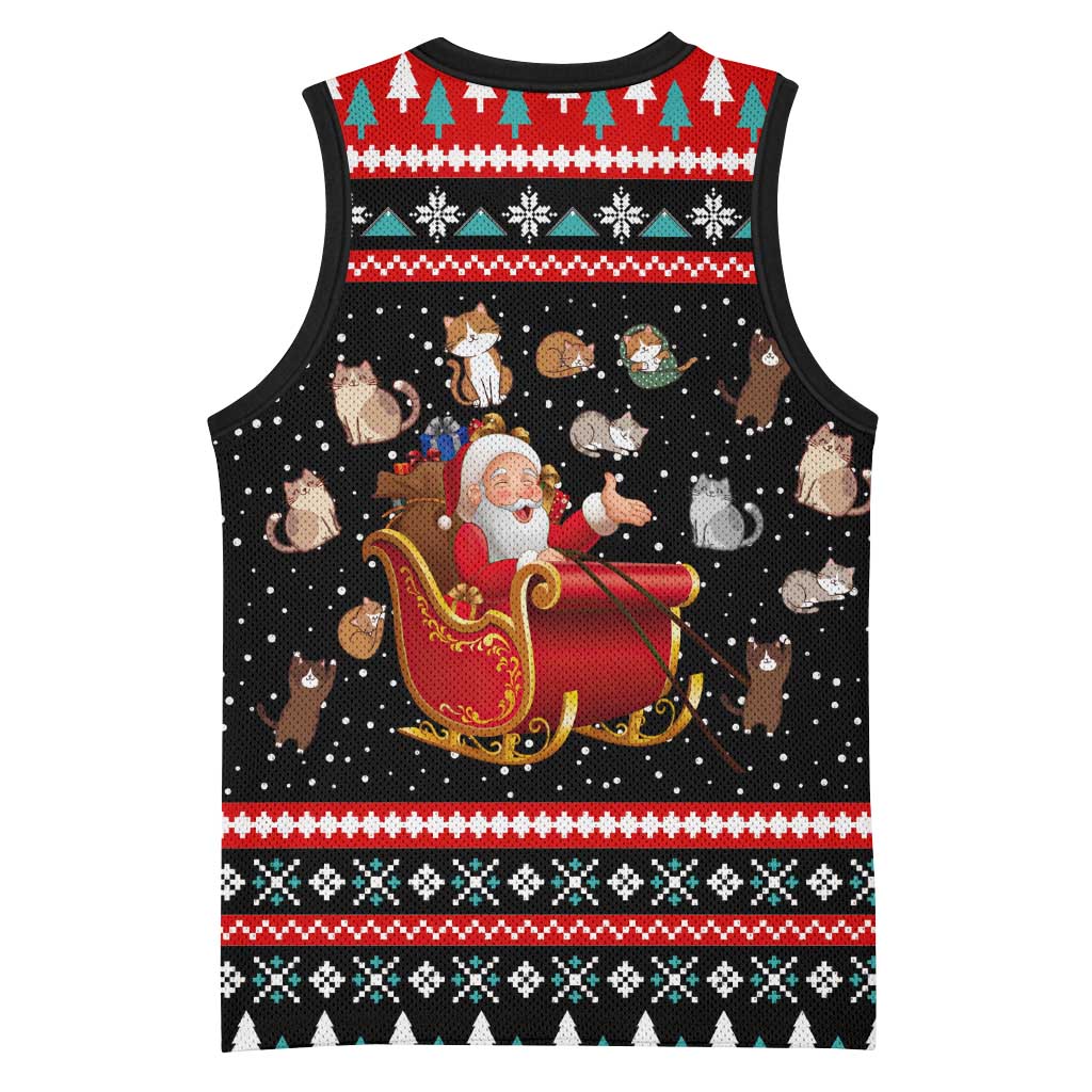 Funny Santa Basketball Jersey with Cats for Everybody Quote and Red Christmas Pattern - Wonder Print Shop