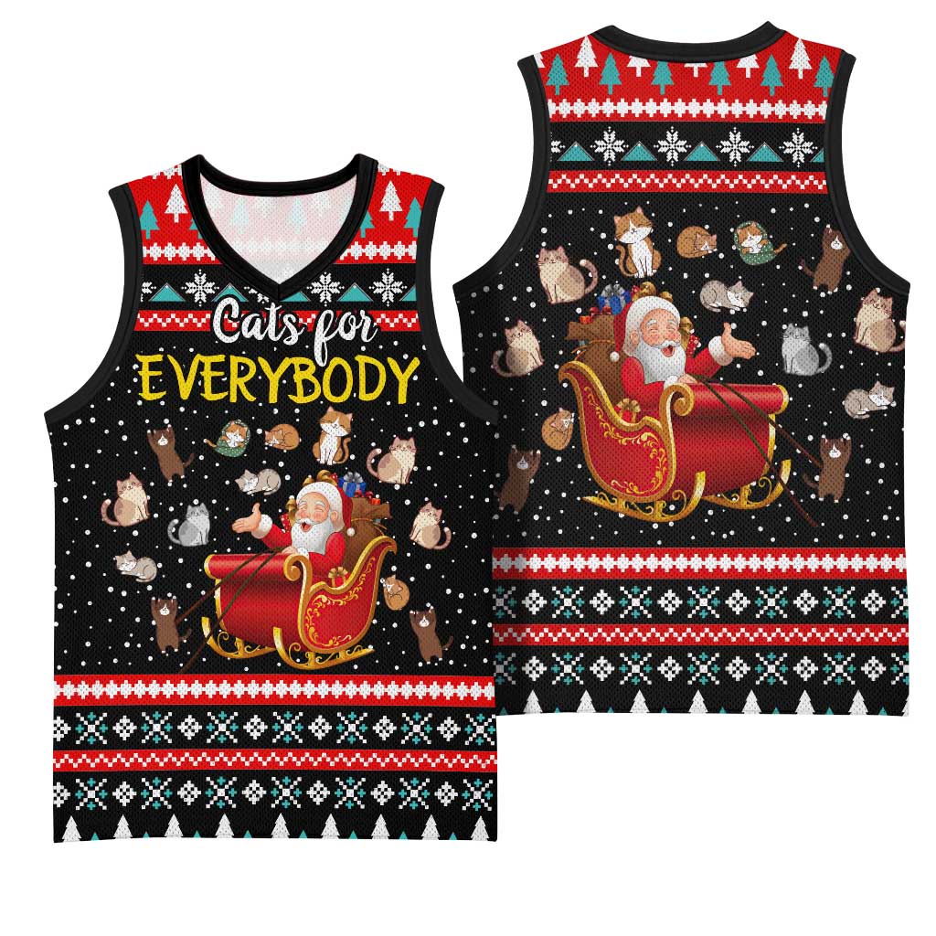 Funny Santa Basketball Jersey with Cats for Everybody Quote and Red Christmas Pattern - Wonder Print Shop