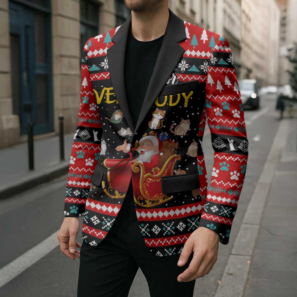 Funny Santa Blazer with Cats for Everybody Quote and Red Christmas Pattern - Wonder Print Shop