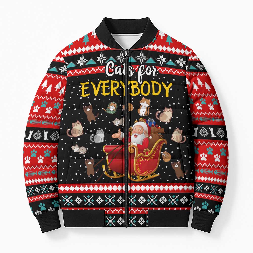Funny Santa Bomber Puffer Jacket with Cats for Everybody Quote and Red Christmas Pattern - Wonder Print Shop