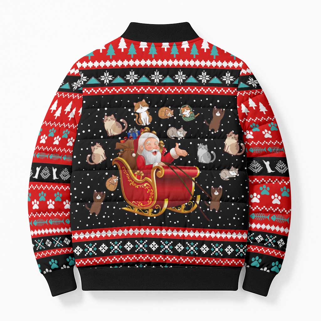 Funny Santa Bomber Puffer Jacket with Cats for Everybody Quote and Red Christmas Pattern - Wonder Print Shop