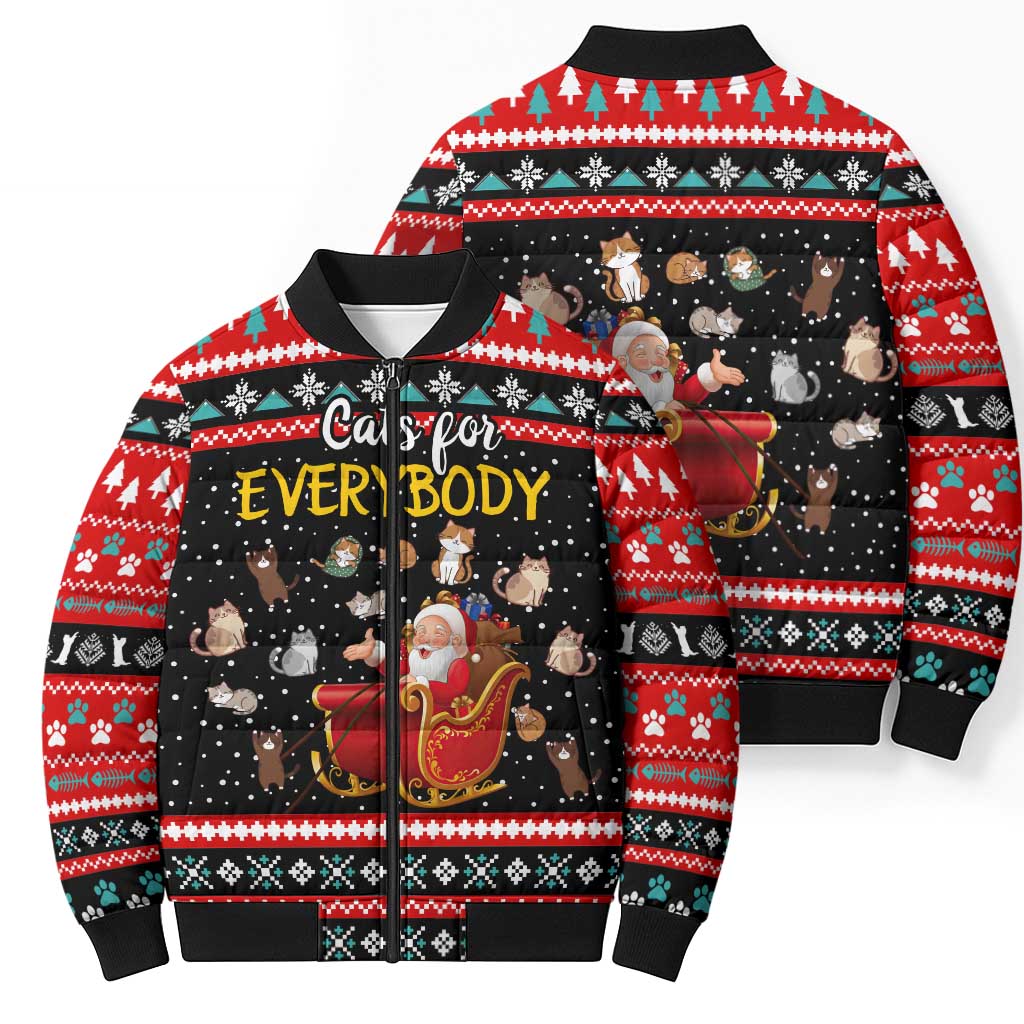 Funny Santa Bomber Puffer Jacket with Cats for Everybody Quote and Red Christmas Pattern - Wonder Print Shop