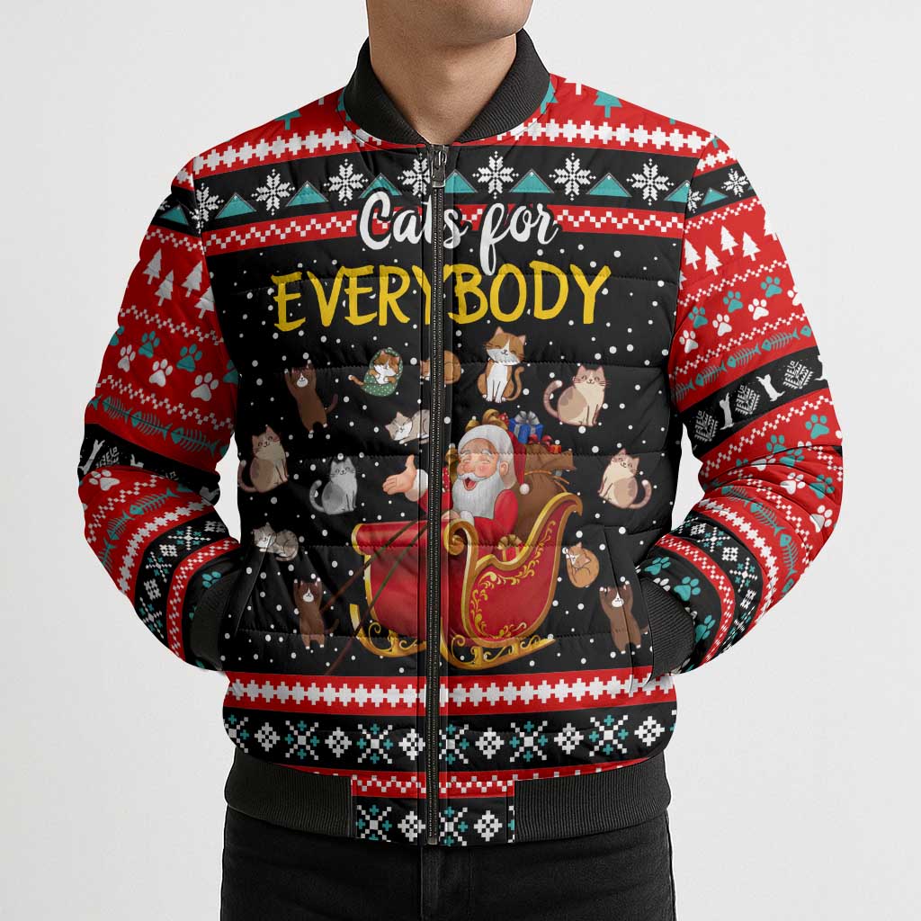 Funny Santa Bomber Puffer Jacket with Cats for Everybody Quote and Red Christmas Pattern - Wonder Print Shop