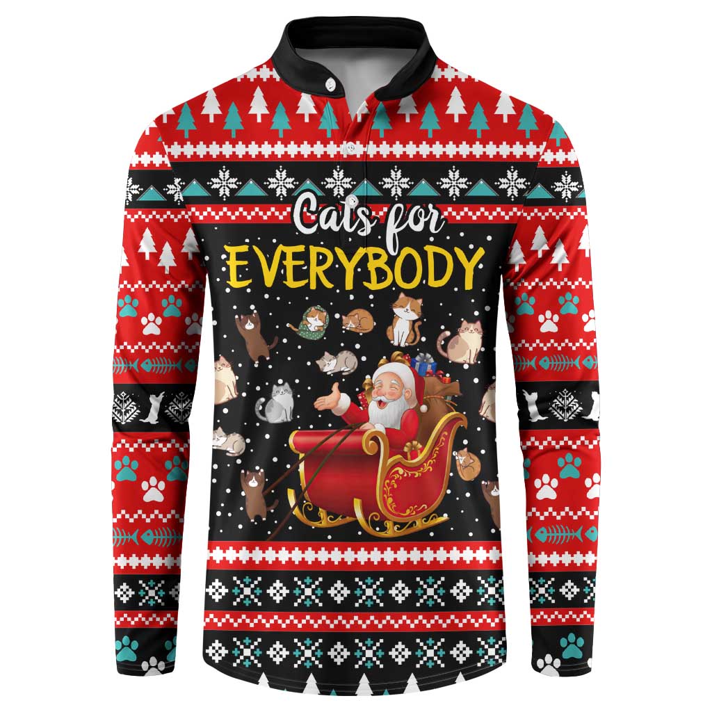 Funny Santa Button Sweatshirt with Cats for Everybody Quote and Red Christmas Pattern - Wonder Print Shop