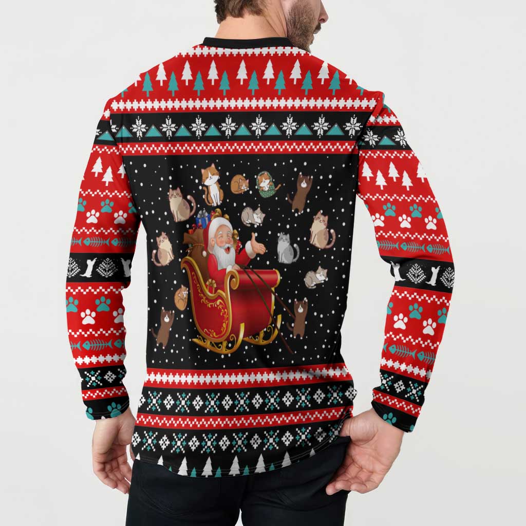 Funny Santa Button Sweatshirt with Cats for Everybody Quote and Red Christmas Pattern - Wonder Print Shop