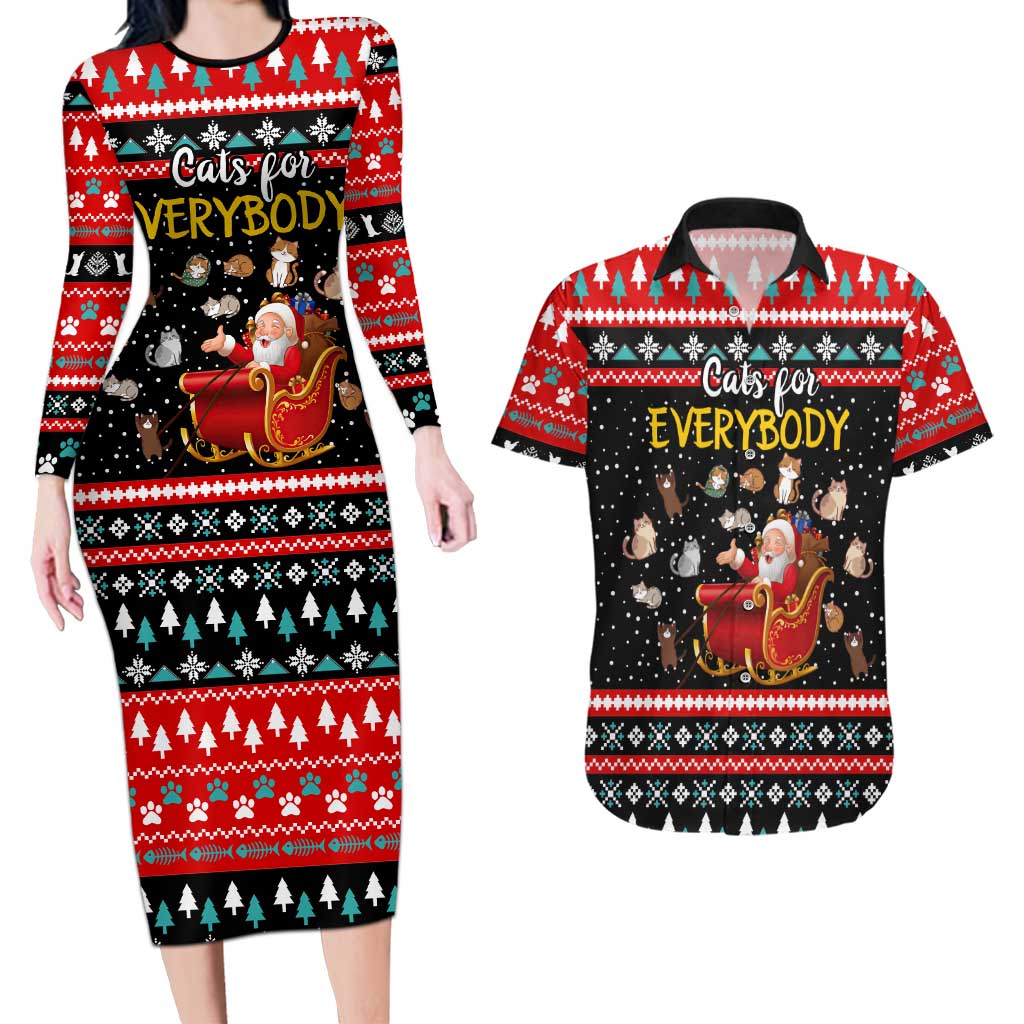 Funny Santa Couples Matching Long Sleeve Bodycon Dress and Hawaiian Shirt with Cats for Everybody Quote and Red Christmas Pattern - Wonder Print Shop