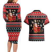 Funny Santa Couples Matching Long Sleeve Bodycon Dress and Hawaiian Shirt with Cats for Everybody Quote and Red Christmas Pattern - Wonder Print Shop