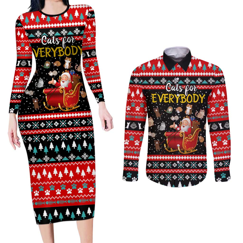 Funny Santa Couples Matching Long Sleeve Bodycon Dress and Long Sleeve Button Shirt with Cats for Everybody Quote and Red Christmas Pattern - Wonder Print Shop