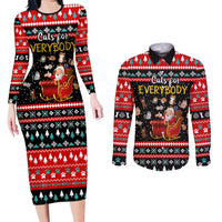 Funny Santa Couples Matching Long Sleeve Bodycon Dress and Long Sleeve Button Shirt with Cats for Everybody Quote and Red Christmas Pattern - Wonder Print Shop