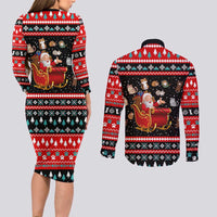 Funny Santa Couples Matching Long Sleeve Bodycon Dress and Long Sleeve Button Shirt with Cats for Everybody Quote and Red Christmas Pattern - Wonder Print Shop