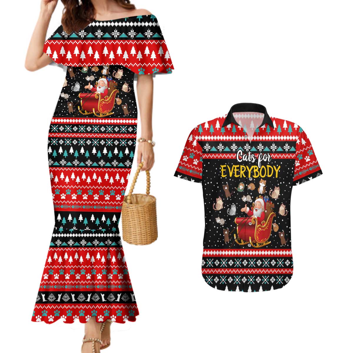Funny Santa Couples Matching Mermaid Dress and Hawaiian Shirt with Cats for Everybody Quote and Red Christmas Pattern - Wonder Print Shop